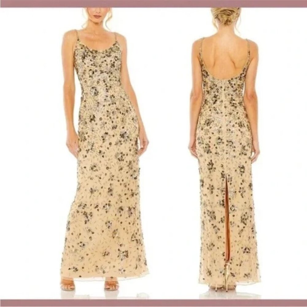 Mac Duggal Champagne Beaded Scoop-Back Maxi Dress